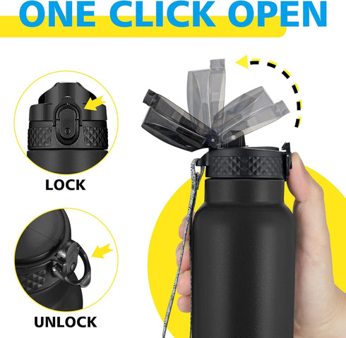 han's bottle 32 Oz, Sports Water Bottle - Straw Lid, Leak Proof, Vacuum Insulated Stainless Steel, Double Walled