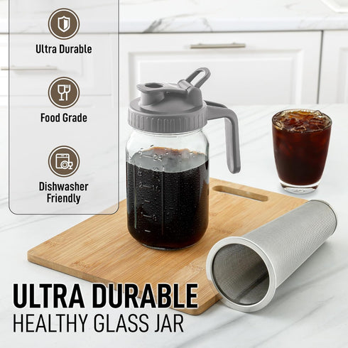 Zulay Premium Cold Brew Coffee Maker - 32oz Mason Jar Pitcher - Extra-Thick Glass & Stainless Steel Filter - Leak-Proof