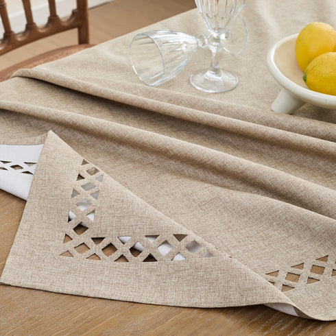 55 87 Inchs, Farmhouse Linen Textured Tablecloth Lattice Cutwork Waterproof & Stain Resistant Table Cloth Rectangle