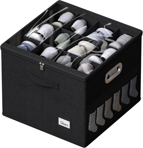 FHSQX Shoe Organizer for Closet, Fits 12 Pairs, Clear Cover Shoe Storage Bins with Adjustable Dividers