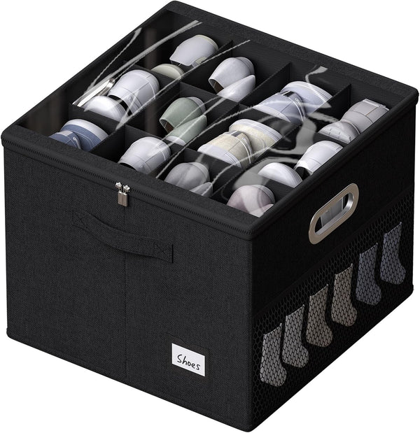 FHSQX Shoe Organizer for Closet, Fits 12 Pairs, Clear Cover Shoe Storage Bins with Adjustable Dividers