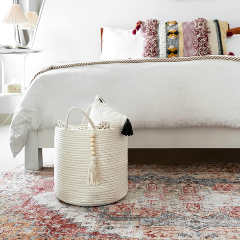 Mkono Small Decorative Cotton Rope Storage Basket with Bead Tassel, 11" White Organizer Bin with Handles