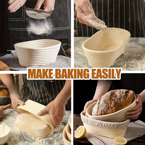Banneton Bread Proofing Basket Set of 2, 10 inch Oval Proofing Bowls with Liners for Artisan Sourdough Bread Baking
