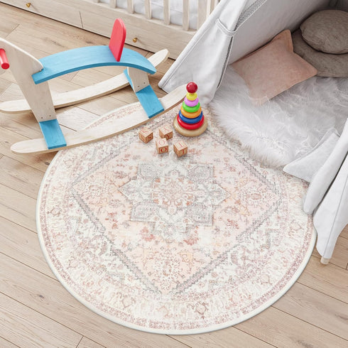 4ft LIVEBOX Pink Round Rug - Machine Washable Circle Rug for Living Room, Non-Shedding Vintage Circular Carpet Bedroom