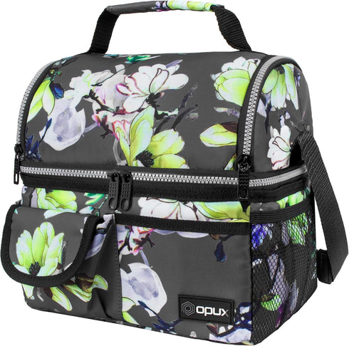 opux Insulated Lunch Bag for Women, Adult Cooler, Flower Lunch Box, Dual Compartment, Floral Gray