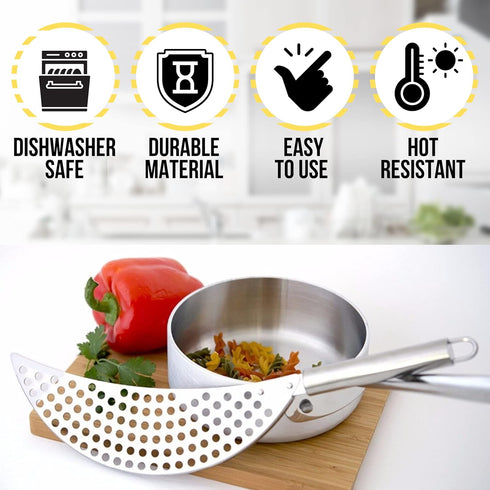 Held Crescent Drainer Pan Strainer with Handle, Stainless Steel Food Colander for Spaghetti, Noodles, Vegetables