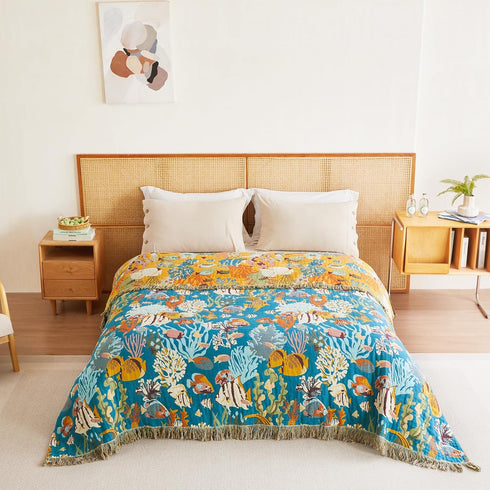 50"x60" MSGKV Throw Blanket for Couch Cotton Cute Ocean Animals Blanket Sofa Chair Blankets Muslin Spring Breathable