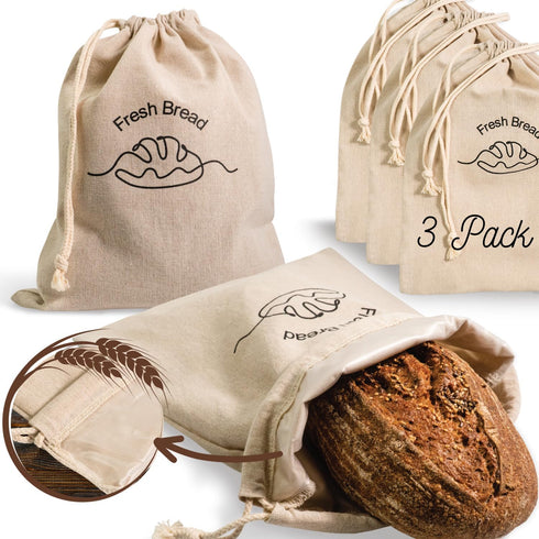 3-Pack Linen Bread Bags for Homemade Bread Reusable Bread Storage Bags with