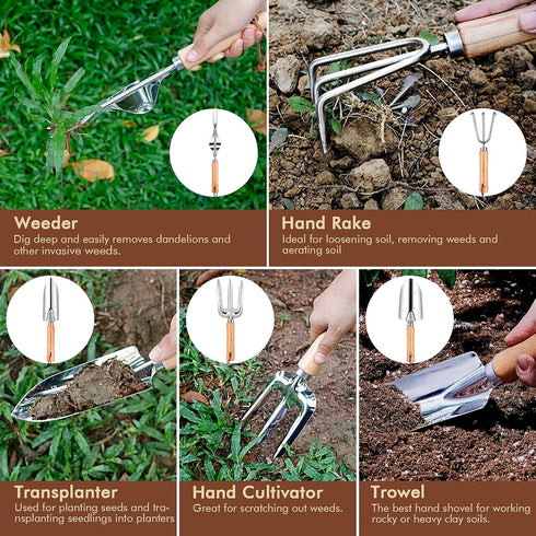 YAUNGEL Heavy Duty Gardening Tools Set, Stainless Steel Hand Tools with Wooden Handle, Storage Tote Bag, Gardening