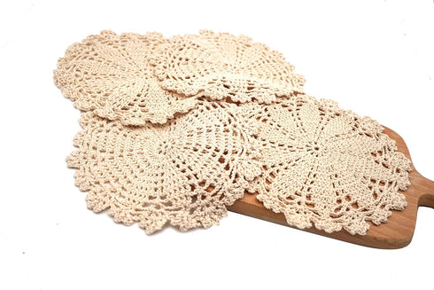 Phantomon 7 Inch Doilies - Handmade Round Crochet Cotton Lace Placemats, Pack of 4 (Beige)