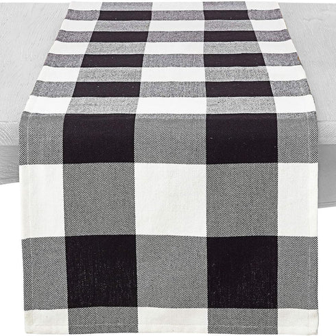 SARO LIFESTYLE Birmingham Collection Cotton Table Runner, Buffalo Plaid Design, 16" x 90", Black