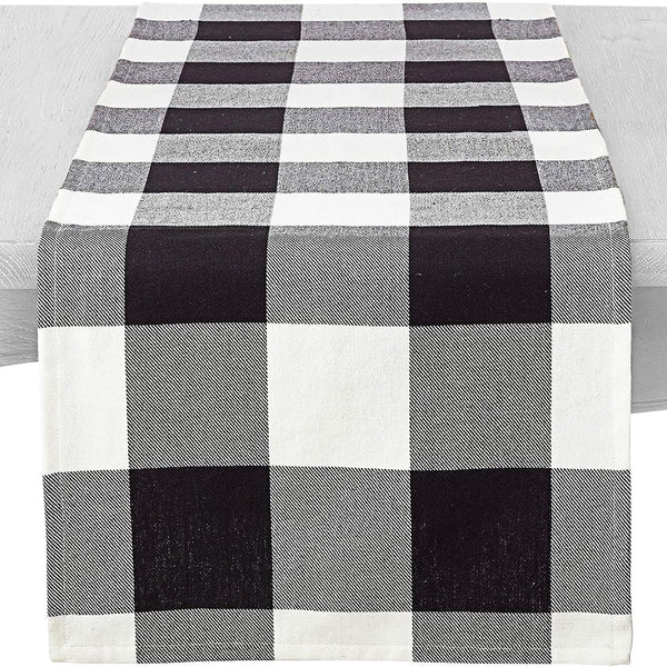 SARO LIFESTYLE Birmingham Collection Cotton Table Runner, Buffalo Plaid Design, 16" x 90", Black