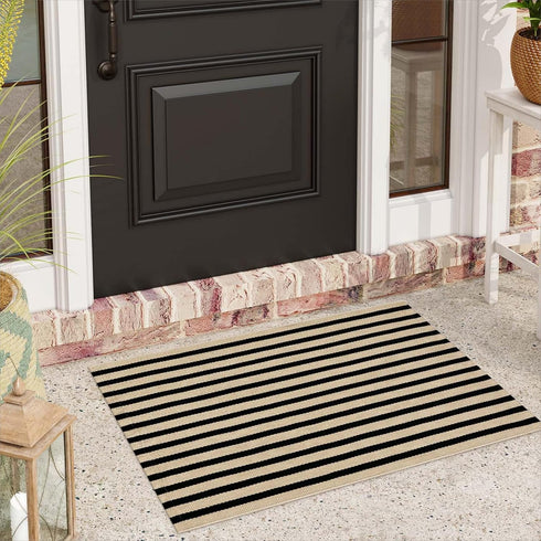 Black and Tan Outdoor Rug 24"x35", Washable Reversible Striped Door Mat, Hand-Woven Farmhouse Throw Rug