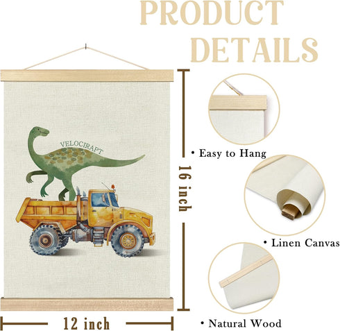 Set 2, 12x16 Inches BCUANGD Dinosaur and Construction Truck Wall Decor - Dinosaur Dino Poster Hanger with Wood Frames