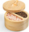 OUTNILI 2-Compartment Salt Box with Lid and Spoon, Bamboo Salt Cellar with Swivel