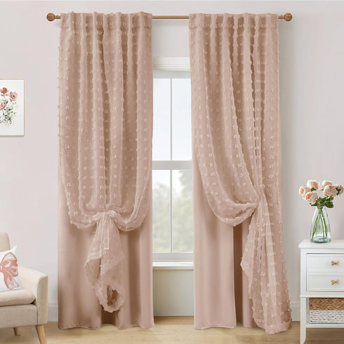 Neutral Peach Blush Pink Curtains for Baby Nursery Girl,Blackout Tufted Floral Embroidered
