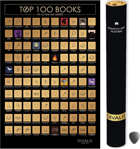 Divalis Scratch Off Poster - 100 Must Read Books of All Times - Reading Bucketlist Chart - Easy to Frame 24x16