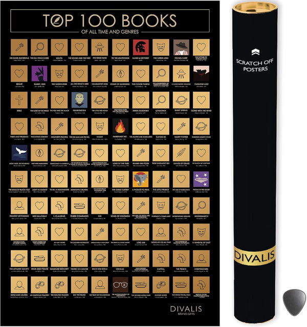 Divalis Scratch Off Poster - 100 Must Read Books of All Times - Reading Bucketlist Chart - Easy to Frame 24x16