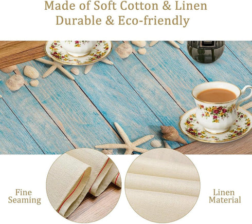 Summer Beach Table Runner - Beach Theme Cotton Linen Dresser Scarves with Seashells, Starfish, Rustic Wood Decor (13x72