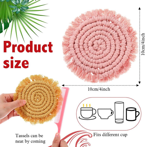 Set 6 4 Coasters of for Drinks Boho Absorbent Woven Cotton Coaster with Holder Farmhouse Tassel Macrame Cup Mat