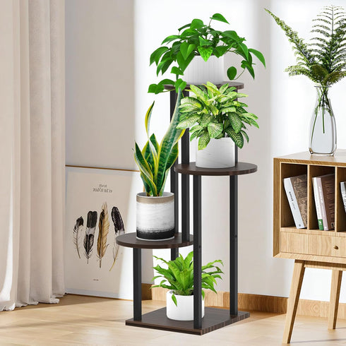 YOCOMEY 4 Tier Wood Tall Plant Stand Metal Rack Indoor, Multiple Flower Pot Holder Shelves Corner Rack, Round Planter