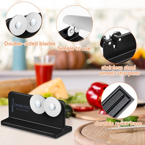 Dreyoo Cutlery Pointed Edge Knife Sharpener, Double Sided Stainless Steel Wheels for Kitchen and Pocket Knives