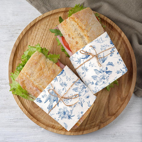 150Pcs Blue Floral Wax Paper, Chinoiserie Bird Flower Deli Paper, 9.8 x 8.3 Inch, Waterproof Oil-Proof Picnic Liners