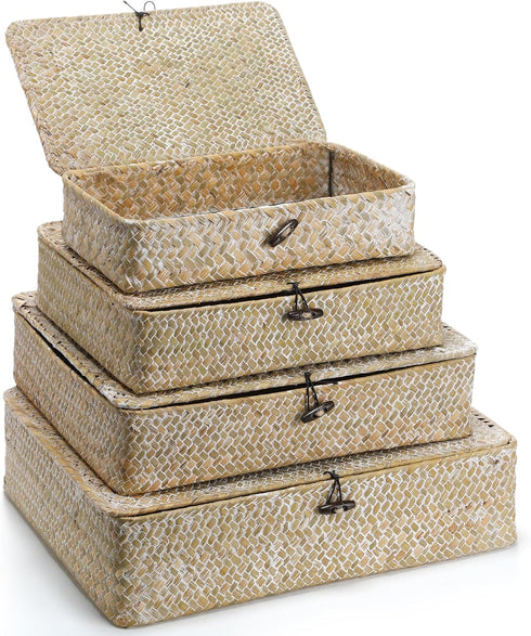 Set of 4 Seagrass Baskets with Lid, Decorative Storage Boxes for Shelf, Closet, Bedroom, 4 Sizes, White