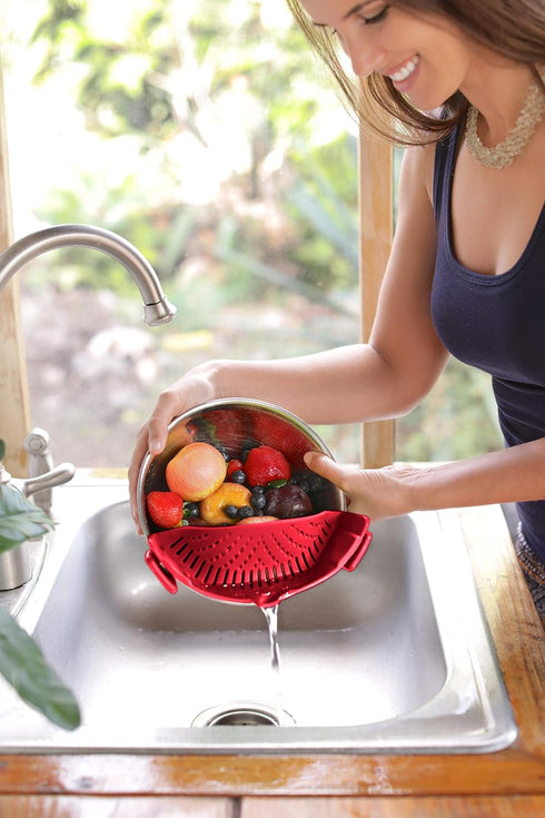 Clip On Kitchen Food Strainer for Spaghetti, Meat, Pasta, & Ground Beef Grease - Includes Silicone Drainer, Brush &