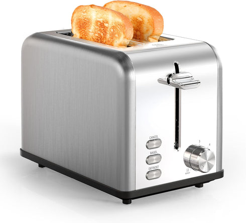YSSOA 2-Slice Toaster - Silver, 6 Browning Settings, 3 Functions, Extra Wide Slot & Removable Crumb Tray for Bread &