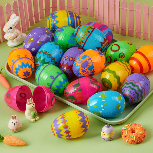 24PCS 3.15" JOYIN Printed Easter Eggs, Empty Fillable Colorful Plastic Eggs Bulks for Easter Hunt, Basket Stuffers