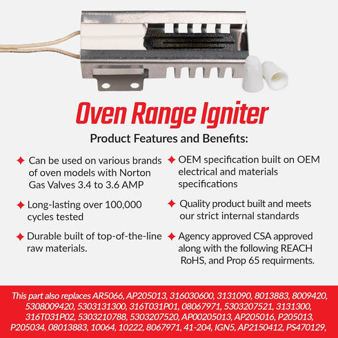 Premium Surface Igniter Oven Ignitor DS022KX for Gas Stove Compatible with Electrolux 5303307577 AP00205013 GR411