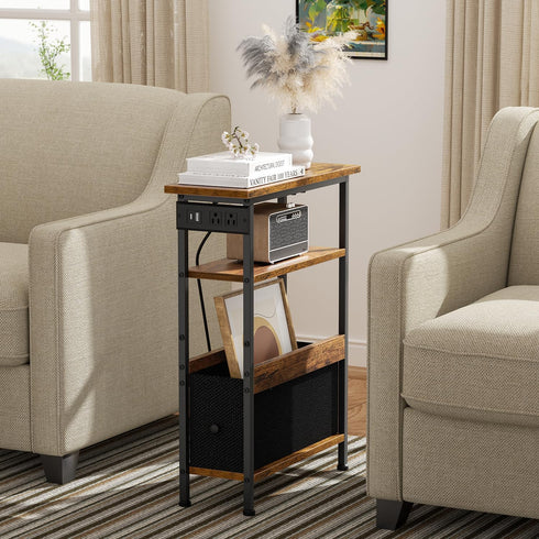 1 Creso hom Narrow Side Table with Charging Station and LED Light, End Table with Fabric Drawer, Skinny Nightstand
