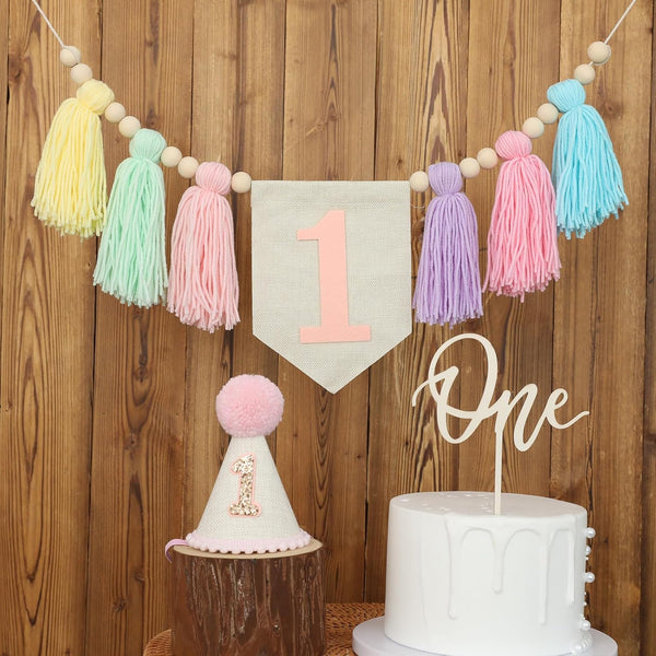 Handmade Boho Macaron Theme 1st Birthday High Chair Banner for Baby Girls