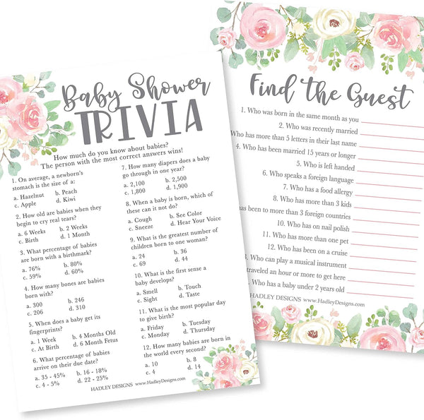Hadley Designs Baby Shower Games for Girls, 25 Double-Sided Cards for 25 Guests, Baby Trivia and Find The Guest