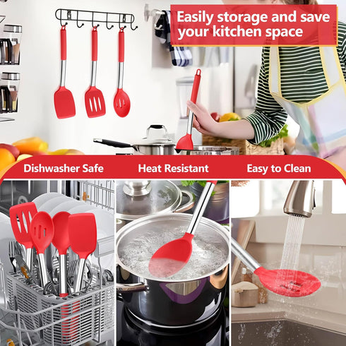 P&P CHEF Red Cooking Utensils Set of 4, Heat-proof Silicone Turner Spoon for Nonstick Cookware, Dishwasher Safe