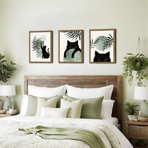 Set 3, 12x16In Framed Sage Green Cat Wall Art of Natural OAK Wood Frame Boho Cute Black Cat Wall Decor Paintings