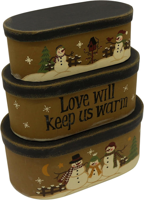 9-3/4 5-1/2 4 Inch, Set 3. CVHOMEDECO. Oval Rustic Vintage Love Will Keep Us Warm Collectibles Cardboard Nesting Boxes