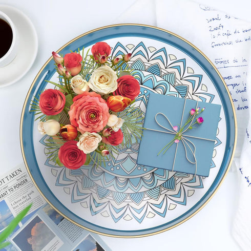 13 Round Cyan Decorative Tray for Coffee Table, Ottoman, Plastic Serving Platter Tray with Handles for Entertaining