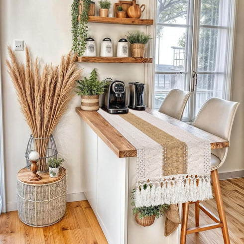 48 Inch, yuboo Boho Coffee Table Runner Spring Farmhouse Burlap Dresser Runner Scarf, Rustic Macrame Runner for Round