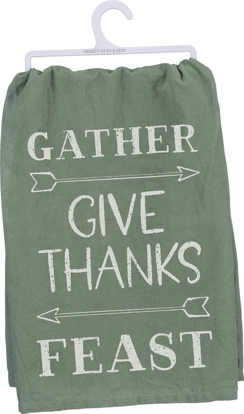 Primitives by Kathy Cotton Dish Towel, 28 x 28-Inch, Gather-Give Thanks-Feast Design