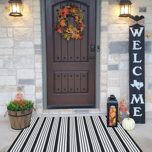 Black and White Striped Outdoor Rug, 27.5"x43" Hand-Woven Reversible Front Porch Mat for Entryway and Laundry Room