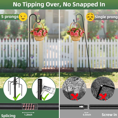 78 Inch 5 Hummingbird Lilyvane Outdoor Shepherds Hook, Prong Base Adjustable Shepherd Hooks, Bird Feeder Pole Stand