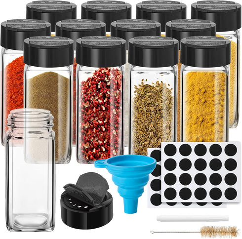 12 Pack Glass Spice Jars with Labels, 4oz Containers with Black Shaker Lids, Empty Spice Bottles, Silicone Funnel and