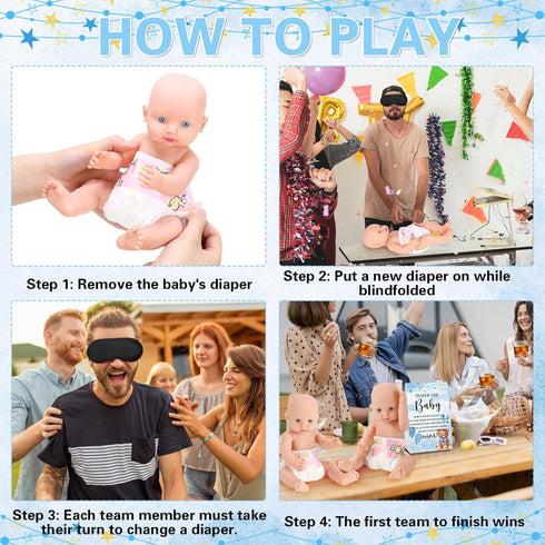 RoundFunny 33 Pcs Baby Shower Diaper Changing Game Supplies Including Dolls Blindfold Diapers Wooden Sign for Changing