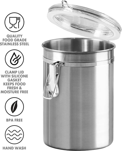 62 oz 5" 7.5". Oggi Stainless Steel Kitchen Canister fl - Airtight Clamp Lid, Clear See-Thru Top - Ideal for Kitchen