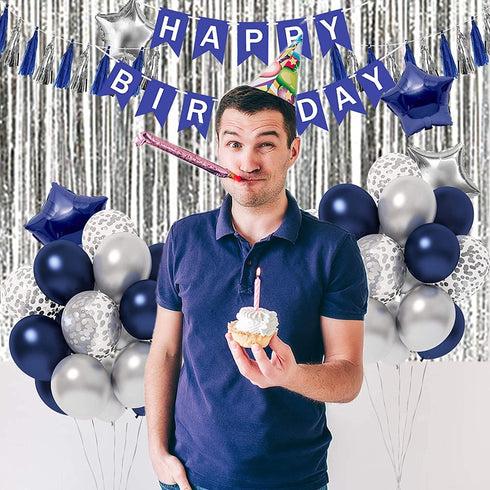 Blue Birthday Party Decorations, Happy Birthday Decorations with Banner, Blue Silver Confetti Balloons for Men