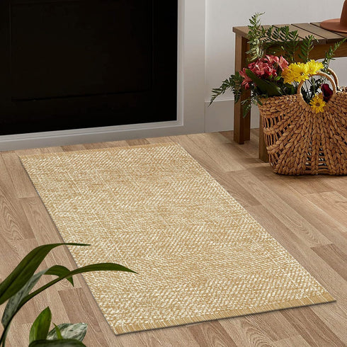 LEEVAN Washable Bathroom Rug - 2'x3' Low Profile Entryway Mat, Tan Cotton Reversible Kitchen Rug for Farmhouse Decor