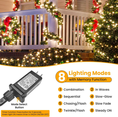 65FT/20M 200 8 JTSIOV Christmas Tree Lights, LED Christmas Lights Plug in, Modes Waterproof Outdoor Lights Indoor