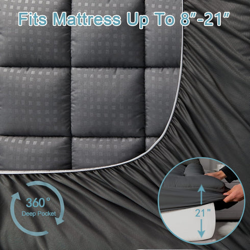 HYLEORY California King Mattress Pad, Quilted Fitted Cooling Mattress Protector, Dark Grey